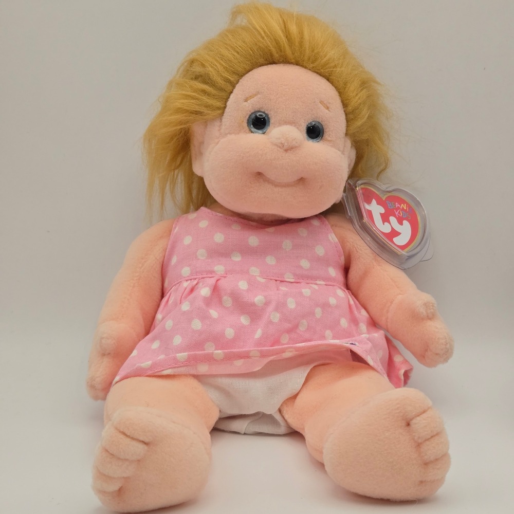 Ty Beanie Kids Precious With Covered Tag Plush Doll Pink Dress Blonde Blue Eyes